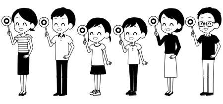 Illustration of a family holding a circle-marked tag.のイラスト素材