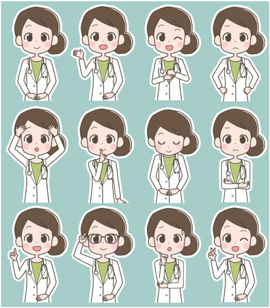 Illustration of a female doctor's facial expression set.のイラスト素材