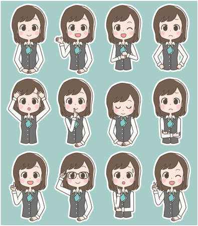 Illustration of a female clerk's facial expression set.のイラスト素材
