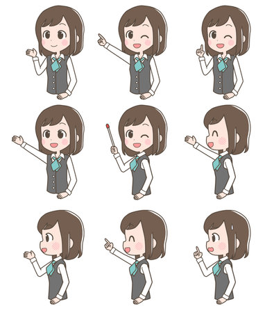 Illustration of a female clerk's facial expression set.のイラスト素材