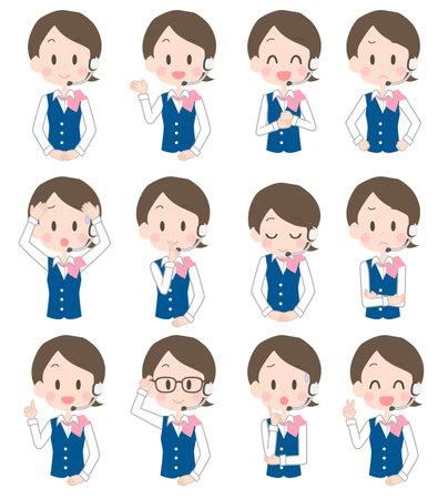 Illustration of a female operator's facial expression set.のイラスト素材