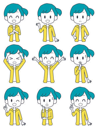 Illustration of a girl's facial expression set.のイラスト素材