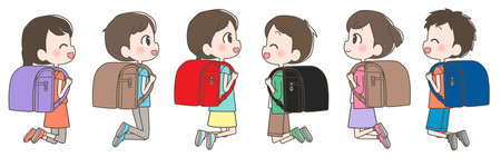 Illustration of an elementary school student jumping with a school bag on his back.のイラスト素材