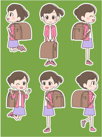 Illustration of an elementary school student carrying a school bag with a smile.のイラスト素材