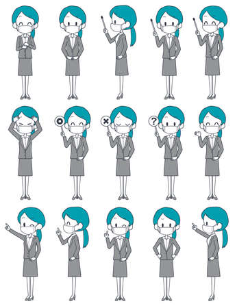 Facial expression set of a woman in a suit wearing a mask.のイラスト素材
