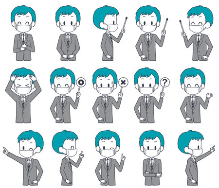 Facial expression set of a man in a suit wearing a mask.のイラスト素材