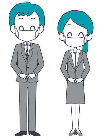 A man and a woman in suits wearing masks.のイラスト素材