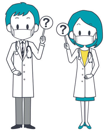 A male and female doctor wearing masks holding a hatena tagのイラスト素材