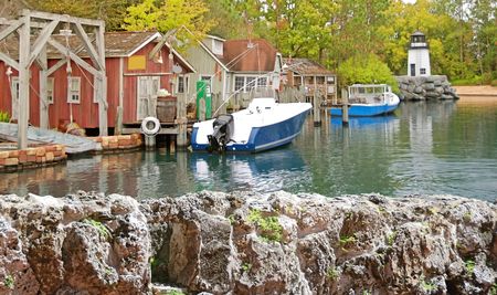 Boats docked in harbor of northeastern fishing villageの写真素材