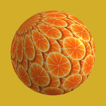 Half cut oranges stacked in the shape of a ball