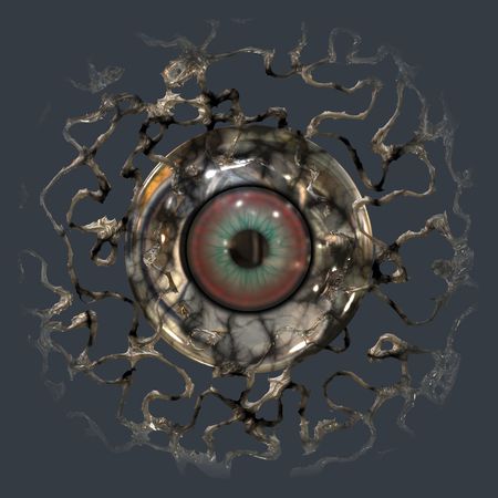 Computer rendered eye ball behind webの写真素材