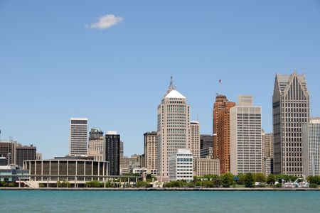 City skyline and waterfront, Detroit, Michiganの写真素材