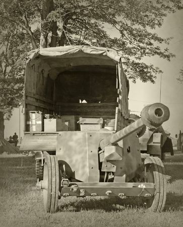 World War II era mobile high caliber gun in towの写真素材