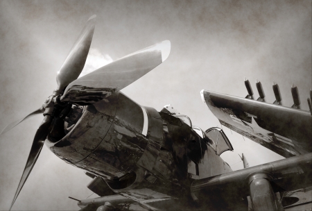 World War II era Navy fighter plane with folded wingsの写真素材
