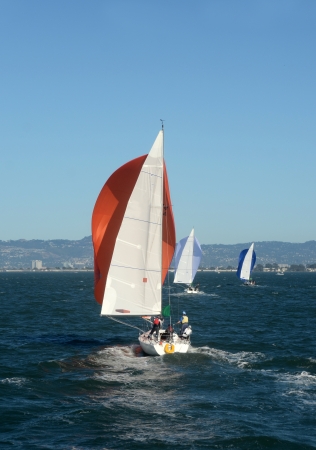 Sailboat regatta in the San Francisco bay, Californiaの写真素材