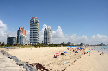 Beach scenery from Miami Beach, Florida with sand and touristsのeditorial素材