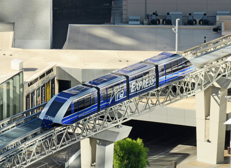 Las Vegas, USA - June 21, 2012: Passengers move along the Las Vegas strip by way of monorail. It is...