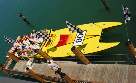 Miami, USA - April 7, 2007: Colorful speedboat providing thrill rides to tourists from Miami's waterfront. Miami is one of the most visited tourist destinations in the worldのeditorial素材