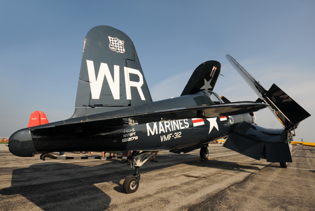 Detroit, USA - August 8, 2011: World War II era F4U Corsair navy fighter stopover for fuel. The...