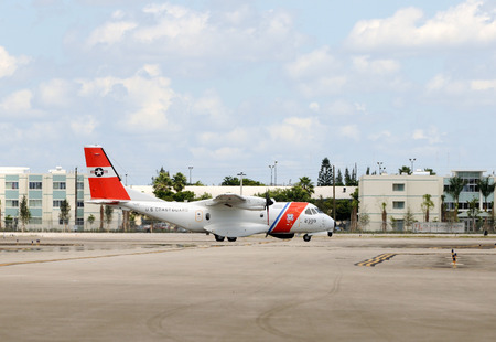 Miami, USA - September 5, 2011: US Coast Guard airplane prepared for takeoff from Opa Locka airport in Miami. The USCG flying the HC-144A Ocean Sentry aircraftのeditorial素材
