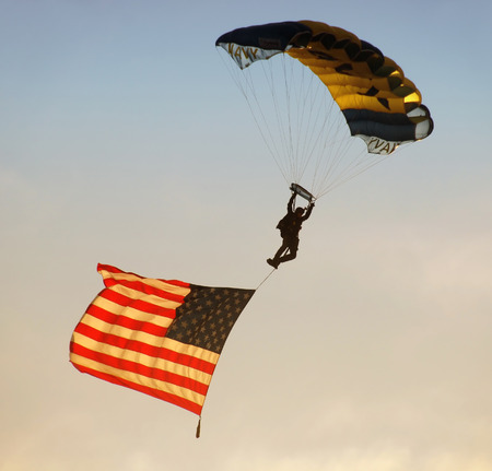 Albuquerque, USA - October 8, 2011: US Navy Leapfrog team of skydivers opens the annual International Balloon Fiesta, the largest gathering of hot air ballons in the worldのeditorial素材