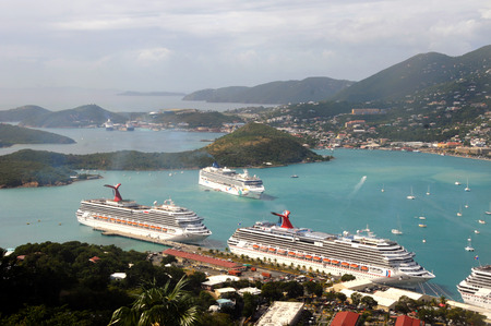 Charlotte Amalie, US Virgin Islands - December 8, 2008: Cruise ships visit the island of Saint Thomas, USVI. The US Virgin Islands are one of the businest cruise destinations in the worldのeditorial素材
