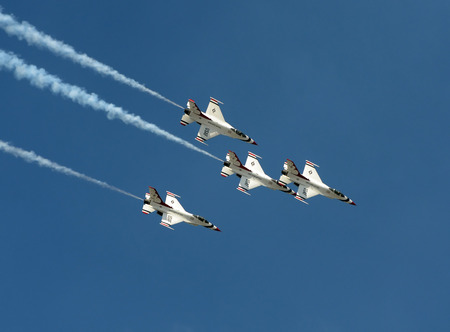 Lakeland, USA - April 1, 2012: US Air Force Thundrbirds practice for an upcoming airshow in Lakeland, Florida on April 1, 2012. The Thunderbirds showcase the most skillful USAF pilotsのeditorial素材