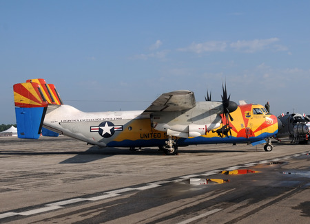 Detroit, USA - August 7, 2011: US Navy C-2A Greyhound cargo airplane visits Detroit for refueling....
