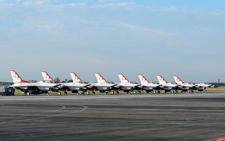 MIAMI - NOVEMBER 3: US Air Force Thunderbirds arrive in Miami in anticipation of the annual Wings Over Homestead airshow on November 3, 2012.のeditorial素材
