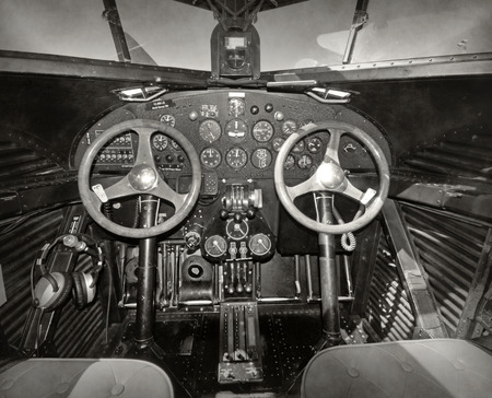 retro airplane cockpit interior black and whiteの写真素材