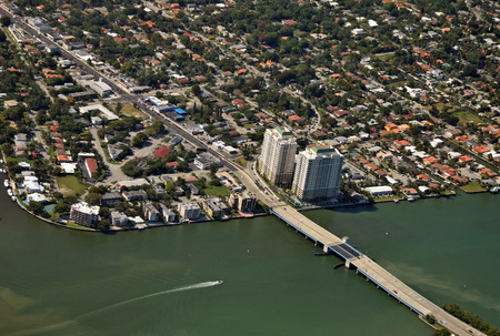 Aerial view of waterfront neighborhood in Miami Floridaのeditorial素材
