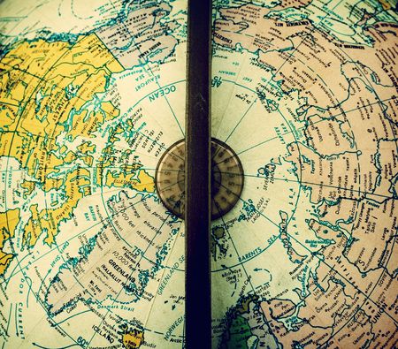 Center of vintage political Earth globe showing part of Europe, Asia and North Americaの写真素材