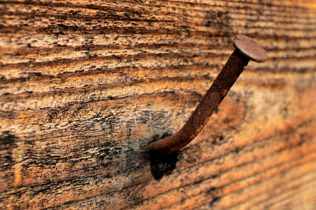 rusty nail driven into the boardの写真素材
