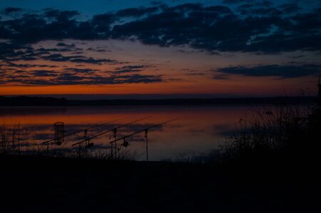 carp fishing, in the morning on the lakeの写真素材