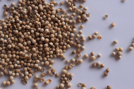 Coriander Seeds close up macro isolated on white. Image suitable for restaurants, supermarkets, wholesalers, resellers coriander seeds products or health productsの写真素材