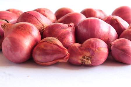 Red onions on the white background.の写真素材