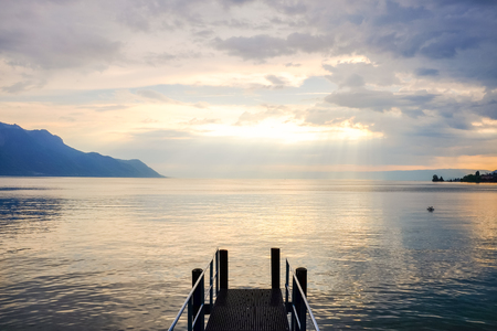 Sunset at Lake Geneva in Montreux, Switzerland.の写真素材