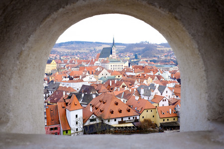 A View thru the Arch of Cesky Krumlov, Czech Republic.の写真素材