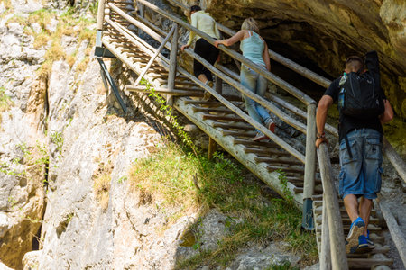 Mixnitz Barenschutzklamm, Styria / Austria - 18 05 2017: Waterfalls in Styria tourist attraction. Wooden bridge tourists on a hiking pathpathのeditorial素材