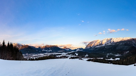 Mountains in, Styria, Austria Bad Mitterndorf View on a snowy terrains surrounding resortsの写真素材
