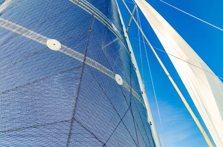 Sail of a Catamaran sailing boat against clear blue sky. Copy space background