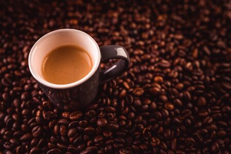 Brown espresso cup with coffee isolated on coffee beans. Copy space on right side.の写真素材