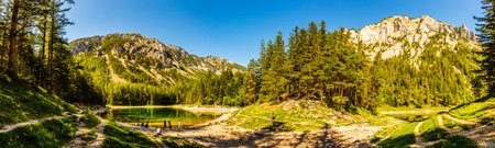 Gruner See, Austria - 18.08.2019 : Panorama view of famous green lake in Austria, Styria. Tourist spot, travel destinationのeditorial素材