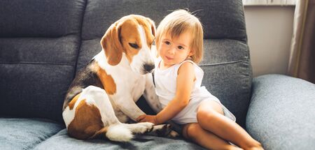 Cute baby girl cuddle with beagle dog. Closeup, shallow DOF.の写真素材