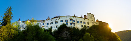 Herberstein palace panorama in Europe. Castle on hill, Tourist spot vacation destination.のeditorial素材