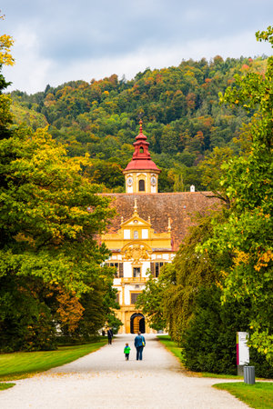 Graz, Austria 02.10.2019: View at Eggenberg palace in Autumn tourist spot, famous travel destination in Styria.のeditorial素材