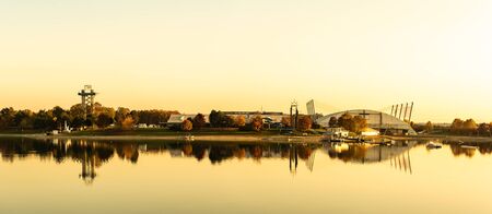 Premstaetten, Styria, Austria - November 12, 2019: panorama of lake schwarzl (schwarzlsee), event...