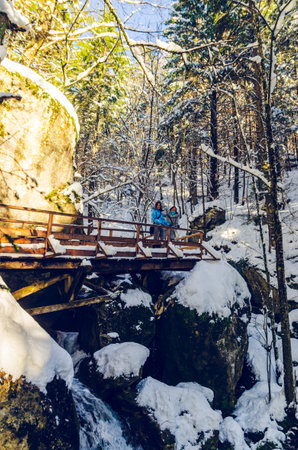 Myra Falls, Myrafalle in lower Austria 05.01.2015 during winter on a sunny day. Walk along mountain stream with waterfalls in forest. Famous travel destinationのeditorial素材