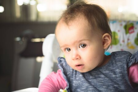 Beautiful baby sitting in a high chair in living room. 6- 12 months old. development concept