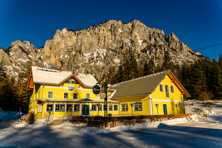 Tragos, Oberort Austria - 01.07.2020: Peaceful mountain at Gasthof Gruner See mountainhut shelter in Austria Styria. Tourist destination green lakeのeditorial素材